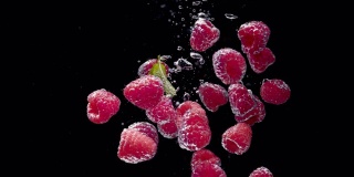 黑背景下树莓落水超级慢动作1000帧/秒