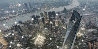 上海城市网络T/L鸟瞰图和5G技术，从白天到黄昏过渡