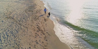 55岁的成熟、活跃、迷人的女人和她的大狗泽嫩猎犬在阳光明媚的秋日波罗的海的沙滩上玩耍。高空高角度4K超高清视频片段。