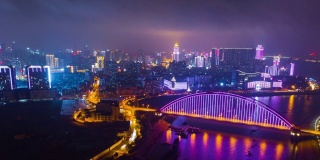 中国夜景时间照亮武汉城市景观青川大桥汉水河航拍全景4k时间流逝