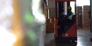 铲车拍摄:男性叉车司机在仓库操作库存。货仓行业概念。