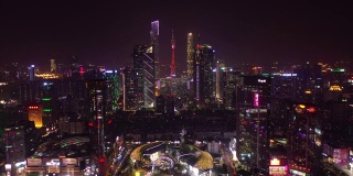 夜景时间照亮广州市市中心著名商场、交通街道航拍全景4k中国