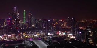 夜晚灯火通明广州市市中心著名商场交通街道航拍4k中国全景