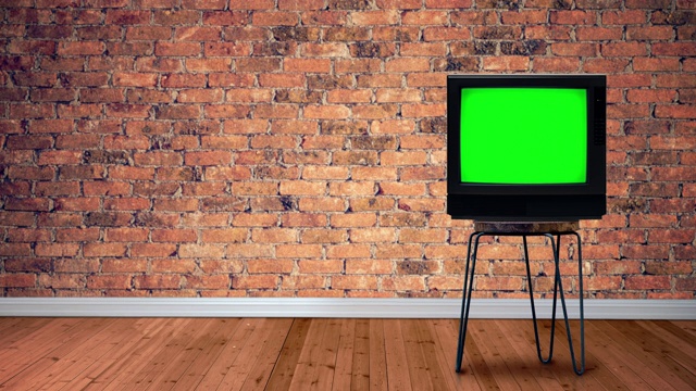 复古电视与色度键屏幕在砖墙房间MOD