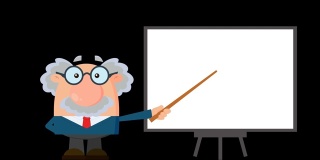 教授或科学家卡通人物与指针呈现在一个板