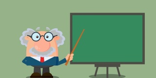 教授或科学家卡通人物与指针呈现在一个板