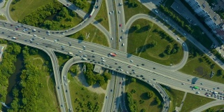 无人机的高速公路多层次交叉道路与移动的汽车在日落。汽车在多层路口行驶，是城市的概念