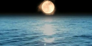 4k视频动画河边美丽的夜景，明亮的满月，雾蒙蒙的星夜，漂浮的水波。神奇的夜晚。