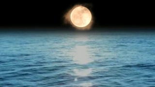 4k视频动画河边美丽的夜景，明亮的满月，雾蒙蒙的星夜，漂浮的水波。神奇的夜晚。视频素材模板下载