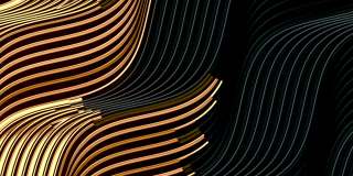 金色波浪弯曲运动线在黑色背景的封面设计。美丽豪华的模式。金子发光的波。3d渲染数字无缝循环动画。高清分辨率