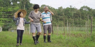 一位亚洲华人爷爷在他们的农场里走着，拿着苦瓜向他们的孙女展示