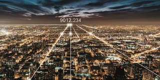 T/L PAN芝加哥城市天际线和5G网络夜间概念