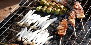 云南式烧烤:肉、鱿鱼、蘑菇和猪肉在木炭烤架上烧烤，配以海鲜酱或中国辣药草食用。当地市场上的泰国美味街头小吃。