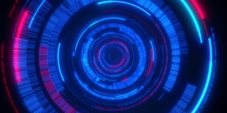 循环动画。抽象的背景。在带有红色和蓝色的明亮圆圈的超空间中移动。