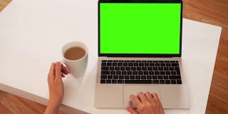 女人使用笔记本电脑:信息显示在绿色屏幕色度键上。