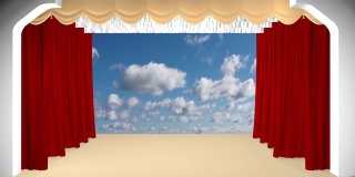 剧院的幕布拉开了，背景是飘动的云。三维渲染