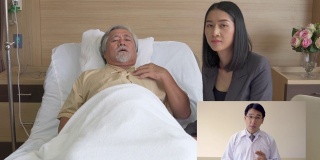 4K资深男患者和他的女儿远程视频会议远程医疗与专业男医生在医院讨论他的症状康复疾病。技术和医疗保健概念。