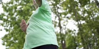 亚洲肥胖老妇人做太极川亚洲武术舞蹈锻炼在公园与伙伴的背景，健康健康的退休生活，缓慢的运动放松平静祥和的环境，