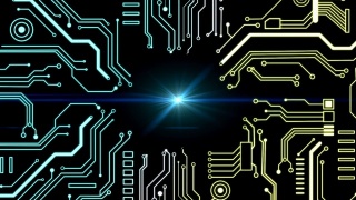 在蓝色背景上有光迹的计算机电路板数字数据处理的动画视频素材模板下载