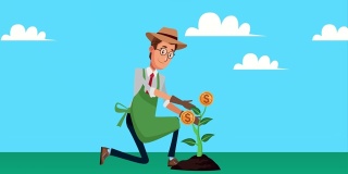 优雅的园丁商人与硬币植物人物动画