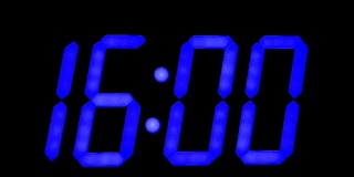 LED时钟显示与大蓝色数字，工作与闪烁秒，改变15.59到16.00。