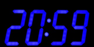 LED时钟显示与大蓝色数字，工作与闪烁秒，改变20.59到21.00。