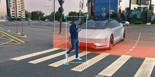 自动驾驶3D汽车概念:人走在人行横道上，自动驾驶汽车停在他面前。安全特性可视化:扫描周围环境，检测行人，在人行横道前停车