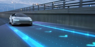 自动驾驶3D汽车通过城市高速公路。动画可视化概念:传感器扫描前方道路车辆，危险，速度限制。一天城市车道。前视图后