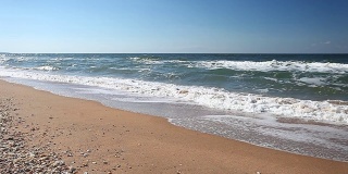 大海，在沙滩上用贝壳冲浪。晴朗的一天。