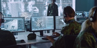 在管理国家安全、技术和陆军通信的网络控制和监控的中央办公室中心从事城市跟踪行动的军事监视军官。