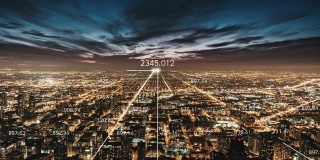 芝加哥城市天际线鸟瞰图和5G网络夜间概念图