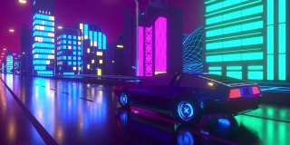80年代复古背景3d循环动画。未来派汽车穿过霓虹城市。