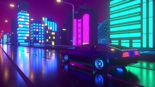 80年代复古背景3d循环动画。未来派汽车穿过霓虹城市。视频素材模板下载