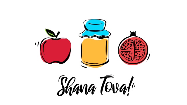 犹太新年。莎娜·托娃，犹太新年假期。蜂蜜罐，苹果和石榴。4 k的动画