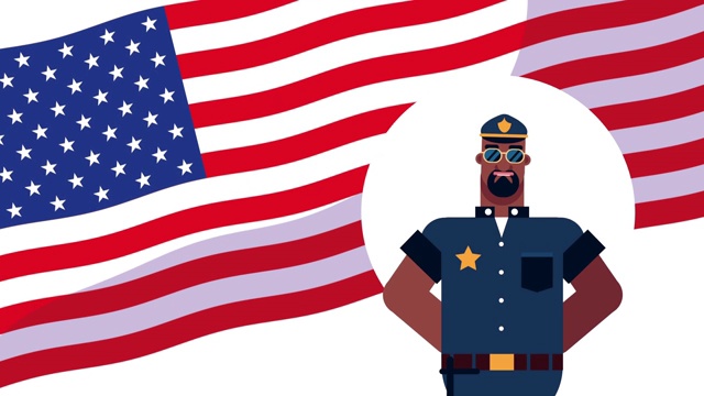 警察工作者角色与美国国旗动画