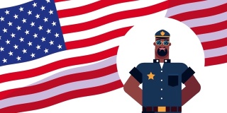 警察工作者角色与美国国旗动画