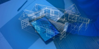 3D建筑模型的房子对抗人使用数字平板电脑