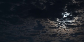 在夜空中移动的云的延时。厚厚的云层遮住了月亮