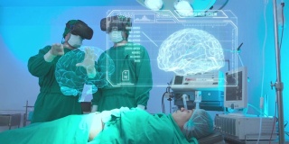 医生戴着VR护目镜在手术室与患者讨论，AR技术医院医疗保健。未来数字技术的未来背景。