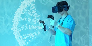 医生戴VR眼镜3D DNA全息图，AR技术医疗研究。未来数字技术的未来背景。