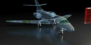 蓝色线框飞机模型在黑色的背景，一个标签写豪华级通过在它的前面- 3D渲染插图