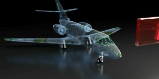 蓝色线框的飞机模型在黑色的背景，一个标签写的第一类通过在它的前面- 3D渲染插图