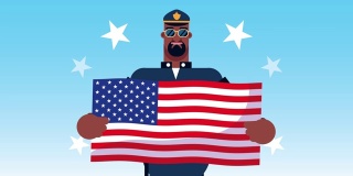 警察工作人员与美国国旗动画