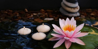 慢动作的平衡卵石石头，小蜡烛和粉红色荷花睡莲花