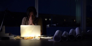 亚洲女性在黑暗的办公室工作到很晚