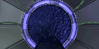 铁锈迹斑斑的舱口开启了宇宙飞船景观的全景。3d抽象背景科幻走廊与门户。未来技术抽象VJ技术标题和背景。