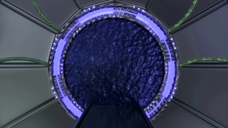 铁锈迹斑斑的舱口开启了宇宙飞船景观的全景。3d抽象背景科幻走廊与门户。未来技术抽象VJ技术标题和背景。视频素材模板下载