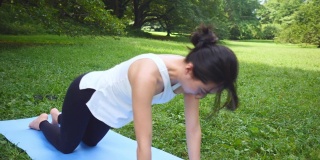 瑜伽教练在公园里从儿童姿势转变成眼镜蛇姿势