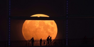 在升起的满月的背景下，桥上人影的剪影
