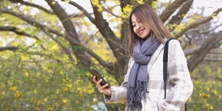 4K快乐的亚洲女性游客在日本的公园里用智能手机相机与美丽的黄色银杏叶自拍。日本旅游和季节变化的概念。